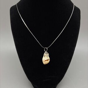 Deer Tooth Pendant Necklace Rustic Hunting Jewelry Taxidermy Silver Tone Chain